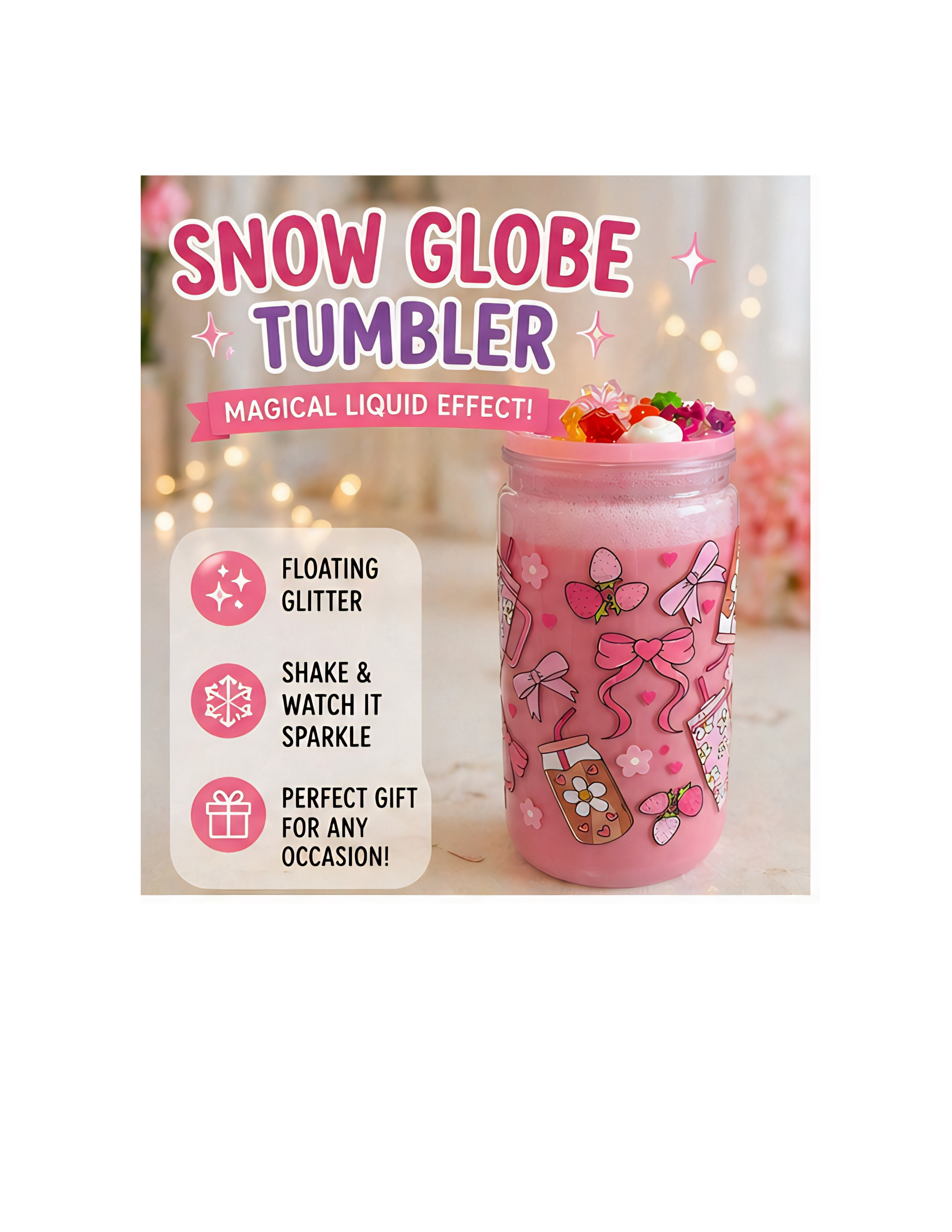 Strawberry Milk Snow Globe Tumbler 16 oz – Custom Liquid Effect Cup with Decorated Lid