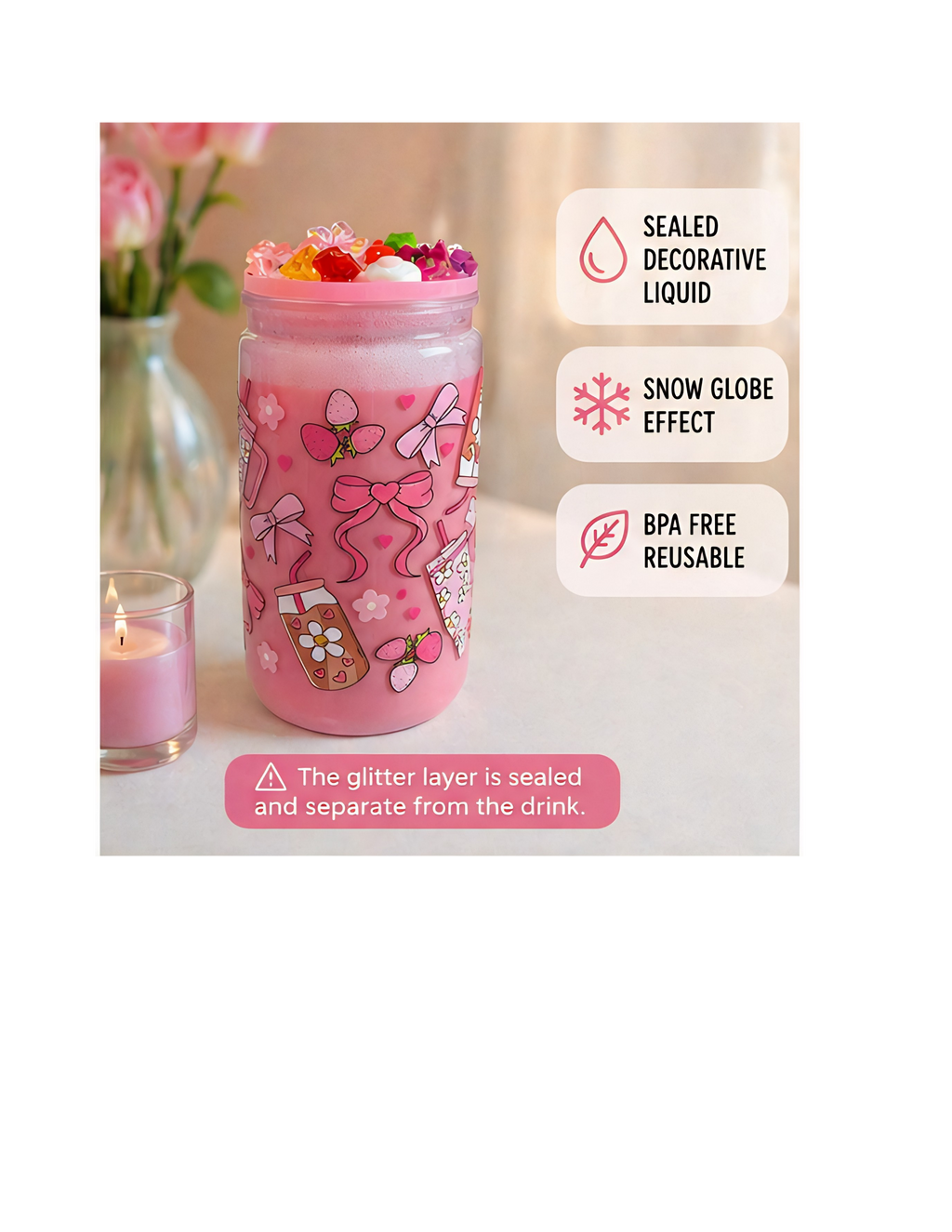 Strawberry Milk Snow Globe Tumbler 16 oz – Custom Liquid Effect Cup with Decorated Lid