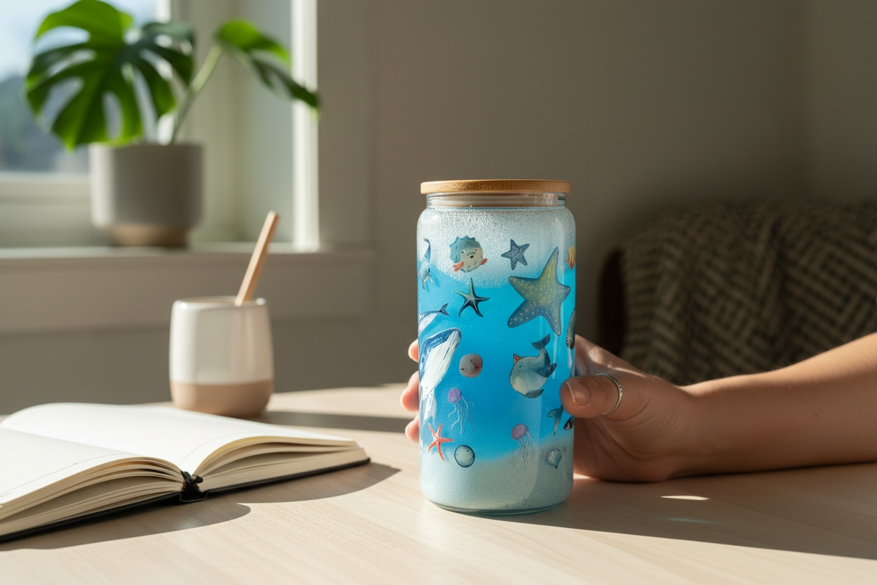 Snow Globe de Cristal “Ocean Dreams” – Vaso Decorativo con Arena Real y Diseño Marino