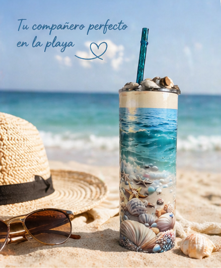 Ocean Beach Tumbler 🐚 Decorated Lid Cup with Straw & Cleaner – Summer Drinkware