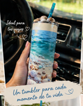 Ocean Beach Tumbler 🐚 Decorated Lid Cup with Straw & Cleaner – Summer Drinkware