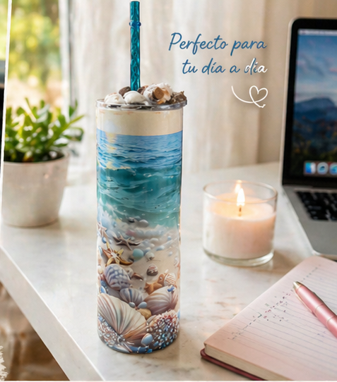 Ocean Beach Tumbler 🐚 Decorated Lid Cup with Straw & Cleaner – Summer Drinkware