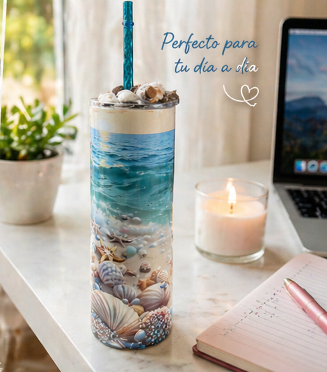 Ocean Beach Tumbler 🐚 Decorated Lid Cup with Straw & Cleaner – Summer Drinkware