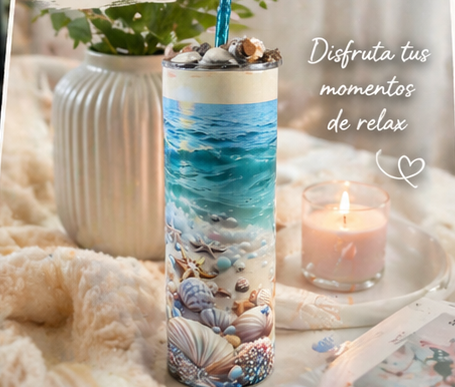 Ocean Beach Tumbler 🐚 Decorated Lid Cup with Straw & Cleaner – Summer Drinkware